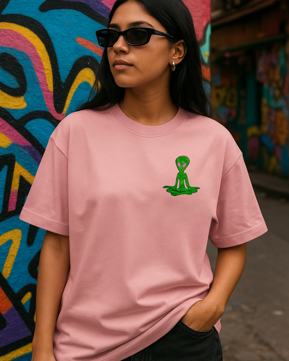 Alien Meditating Embroidered (Unisex Terry Oversized Tee)