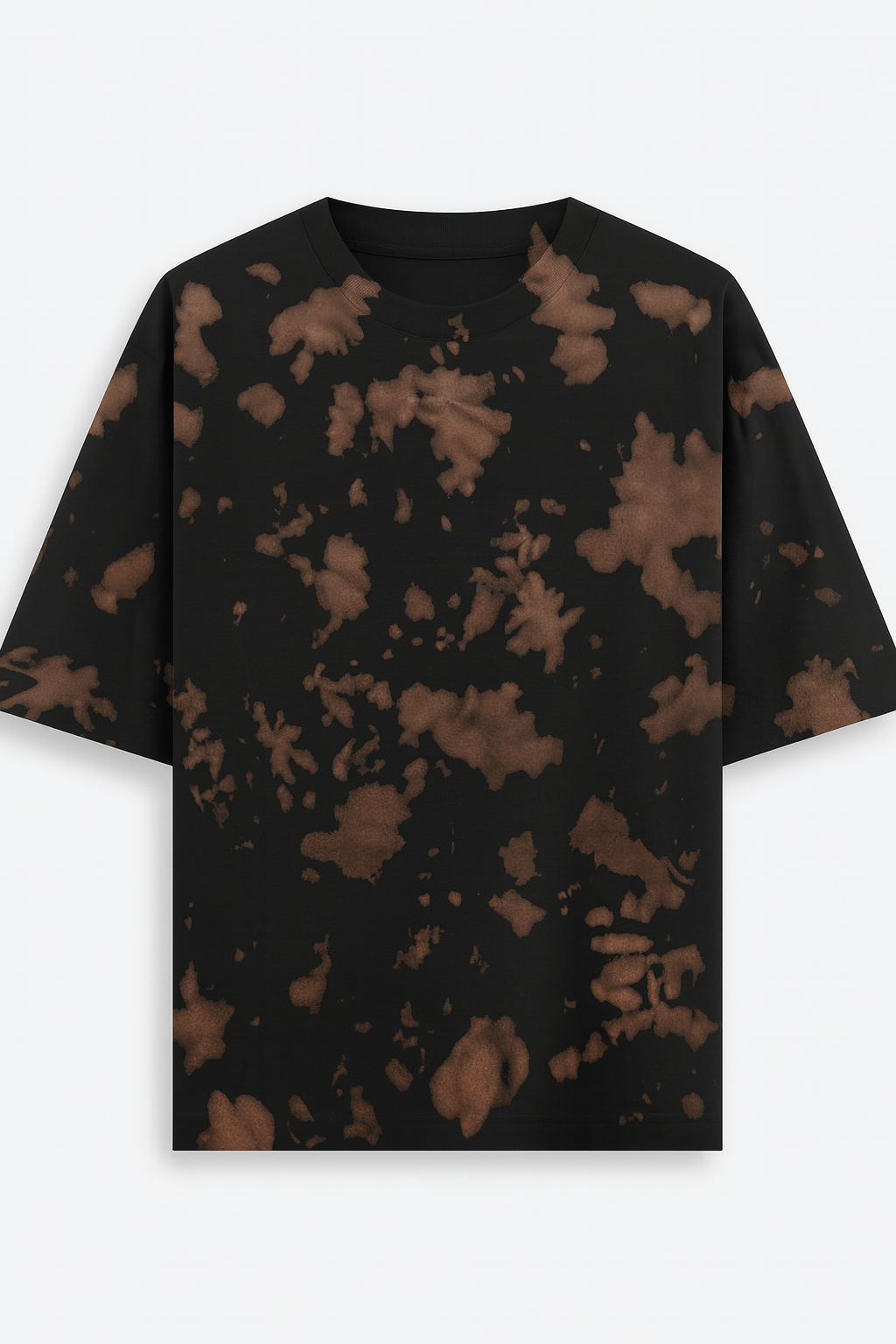 Black t-shirt with brown abstract pattern on a white background