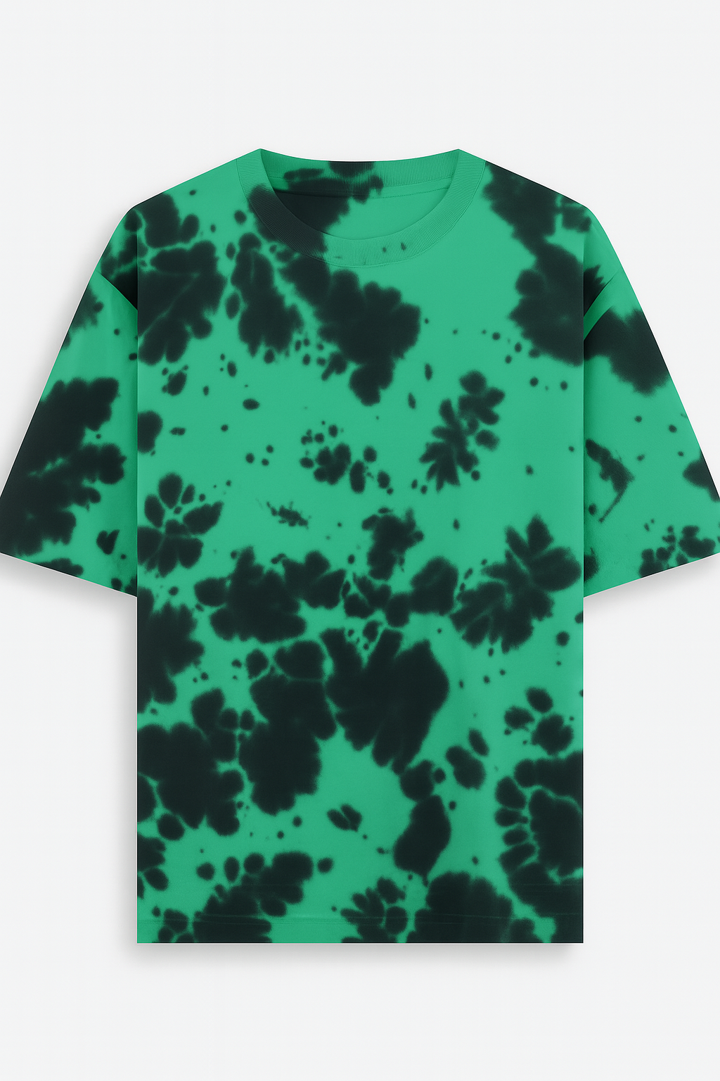 Green and black tie-dye t-shirt on a white background